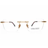 Lentes de lectura con armazón al aire y patillas de metal con baño de oro de 18k. Diseño minimalista con puente y bisagras detalladas.