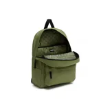 Mochila Vans Realm Flying de color verde militar, con un bolsillo frontal con cierre y el logo de la marca estampado con patrón de camuflaje.