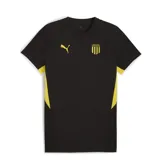 Remera deportiva Puma del Club Atlético Peñarol, color negro con detalles en amarillo en los laterales y mangas. Presenta el logo de la marca y el escudo del club en el frente.