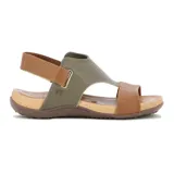 Sandalia casual de mujer con dos tiras y pulsera al tobillo con cierre ajustable. Presenta capellada de cuero negro, plantilla acolchada y suela tipo corcho con base marrón antideslizante.