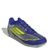 Championes de fútbol Adidas F50 League FG Messi, color plateado con detalles en azul y amarillo.