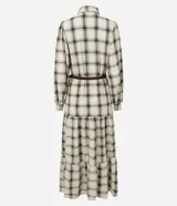 Vestido largo de corte midi, confeccionado en tejido de viscosa con estampado de cuadros. Presenta cuello camisero, cierre frontal abotonado, mangas largas abullonadas y falda con volados. Incluye un cinturón fino para ajustar a la cintura.