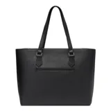 Cartera tipo tote bag Guess grande de color negro, con asas dobles para hombro, bolsillo frontal externo y un monedero o neceser colgante estampado con el monograma de la marca. Cuenta con herrajes plateados y el logo de Guess en la parte frontal.