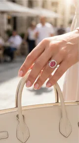 Anillo de plata 925 con diseño rectangular, protagonizado por una circonia ovalada central en color fucsia rodeada por un halo de pequeñas circonias brillantes.