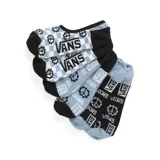 Pack de tres pares de medias Vans invisibles, con diseños estampados: un par a cuadros blancos y celestes con logo de la marca, un par celeste con logo y símbolo de la paz en negro, y un par negro con logo y símbolo de la paz en celeste.