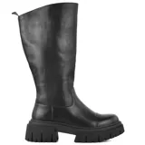 Bota negra de caña alta con suela track y cierre lateral. Fabricada en cuero sintético.