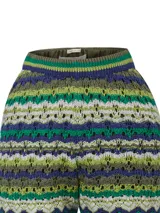 Short tiro alto tejido de punto con diseño de rayas en zigzag multicolor, confeccionado en mezcla de algodón orgánico, acrílico y lino orgánico.