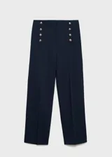 Pantalon de tiro medio con diseño recto y corte crop. Presenta detalles de botones decorativos efecto joya en la parte frontal y cierre oculto con cremallera y gancho.
