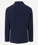 Blazer azul marino de tejido texturizado, con cuello solapa, abotonado delantero, mangas largas y bolsillos. Corte clásico.