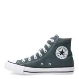 Championes de caña alta Converse modelo Chuck Taylor All Star, confeccionados en lona color verde grisáceo con cordones blancos y puntera de goma blanca.