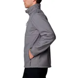 Chaqueta softshell Columbia para hombre, color gris, con cierre frontal, cuello alto, puños y dobladillo ajustables. Presenta bolsillos laterales y un bolsillo en el pecho, todos con cierre.