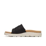 Sandalia tipo slide de la marca Merrell, con capellada de cuero negro y correa ajustable con hebilla. Presenta una plantilla revestida en corcho y una entresuela de espuma de plataforma en color crema.