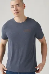 Remera azul de manga corta con cuello redondo y estampado pequeño en el pecho.