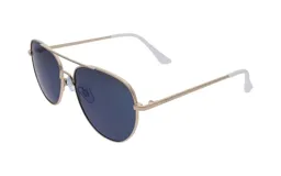 Lentes de sol estilo aviador con armazón dorado y lentes espejadas azules. Patillas blancas con logo de la marca.