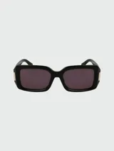 Lentes de sol Longchamp con marco rectangular de acetato negro y detalles metálicos dorados en las patillas.