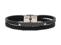 Pulsera de diseño doble compuesta por una tira de cuerina lisa y una tira trenzada, unidas por una placa metálica central y un cierre de acero inoxidable.