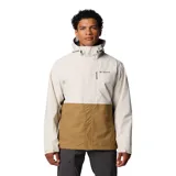 Campera impermeable Columbia modelo Hikebound II Jacket, con diseño en bloques de color beige en la parte superior y marrón claro en la inferior. Cuenta con capucha ajustable, cierre frontal, bolsillos con cremallera y tecnología Omni-Tech.
