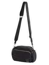 Bandolera Terrano de diseño compacto, confeccionada en lona capitoneada color negro. Cuenta con múltiples compartimentos con cierre, bolsillos laterales, bolsillo trasero y correa ajustable para llevar al hombro o cruzada.