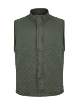 Chaleco verde militar RKF modelo Laurito, sin mangas, con cuello alto, cierre frontal oculto con tapeta y bolsillos laterales. Presenta diseño combinado con canesú liso en la parte superior y tejido capitoneado en rombos en la parte inferior.