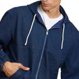 Campera de jean azul con capucha, cierre frontal con cremallera, bolsillos laterales y puños elásticos.