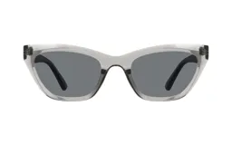 Lentes de sol cat-eye con montura de acetato transparente grisáceo y lentes grises.