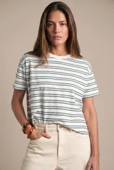 Remera de algodón peinado con diseño de rayas horizontales en tonos celeste, verde y blanco, de manga corta y corte clásico.