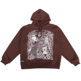 Canguro marrón de felpa de algodón con capucha, cordones ajustables y un gran estampado gráfico en serigrafía blanca en el frente.
