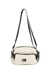 Bandolera de diseño funcional en color blanco, con múltiples compartimentos con cierre, bolsillos laterales y correa ajustable. Incluye una etiqueta frontal con la frase 'Not just a bag'.