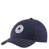 Gorro tipo baseball de la marca Converse, color azul marino, con parche circular bordado en el frente que incluye el logo clásico de la marca.