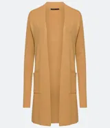 Cárdigan largo de punto color rojo con bolsillos delanteros.