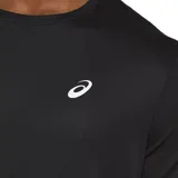 Remera deportiva Asics negra de manga corta, con logo blanco en el pecho y estampado con la leyenda "Asics Running" en caracteres japoneses Katakana.