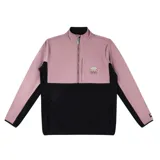 Canguro Rivvia de polar fleece con medio cierre, color rosa y negro, con logo estampado en el pecho.