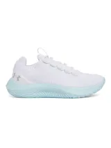 Championes de entrenamiento Under Armour W Dynamic 2, color blanco con suela celeste. Presentan parte superior de tejido UA IntelliKnit y mediasuela Flow para mayor amortiguación y estabilidad.