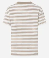 Remera de mujer Marfinno de manga corta, con diseño a rayas horizontales en tonos blanco y beige, y cuello redondo acanalado en color tostado.
