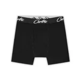 Bóxer negro con cintura elástica blanca con el logo de la marca Corteiz en blanco.
