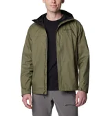 Campera impermeable Columbia modelo Watertight II, color verde oliva. Cuenta con capucha ajustable, cierre frontal con solapa, bolsillos laterales con cierre y puños ajustables. Incorpora tecnología Omni-Tech para mayor protección contra la lluvia y forro de malla transpirable.