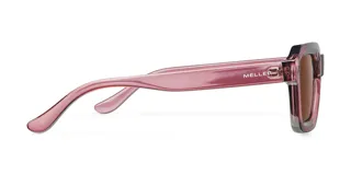 Lentes de sol cuadrados con armazón rosado oscuro y lentes marrones polarizados.