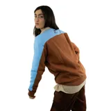 Buzo marrón y celeste de felpa con cuello redondo y mangas largas. Estampado con letras blancas en el pecho.