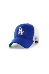 Gorra de béisbol azul con el logo de los Dodgers de Los Ángeles bordado en blanco en el frente. Tiene visera curva y paneles traseros de malla blanca.