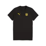 Remera Puma de entrenamiento del Club Atlético Peñarol, modelo CAP Tee, color negro con detalles en amarillo, incluyendo el logo de la marca y el escudo del club.