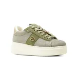 Sneaker de plataforma Korium modelo Ara, color beige con detalles metalizados y apliques de pedrería en los cordones.