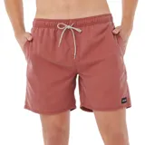 Short de baño Rip Curl color rojo con efecto desteñido, cintura elástica con cordón ajustable bicolor y bolsillos laterales. Cuenta con una pequeña etiqueta con el logo de la marca en el borde inferior.