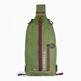 Mochila tipo bandolera (sling) de 8 litros de capacidad, color verde oliva con detalles en bordó. Cuenta con un compartimento principal con cierre lateral, bolsillo frontal con cierre, correa ajustable reversible para uso ambidiestro y panel trasero de espuma EVA.