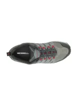 Championes de trail running Merrell Crosslander 3, confeccionados en cuero de gamuza y malla transpirable. Presentan diseño en tonos gris y negro con detalles en rojo, puntera protectora resistente a la abrasión, entresuela de espuma EVA para mayor estabilidad y suela de goma adherente con tracción duradera.