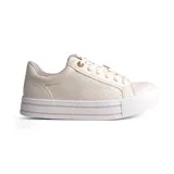 Championes urbanos Via Marte modelo Iris, color beige, con diseño de paneles laterales microperforados y suela de plataforma blanca con detalles lineales.