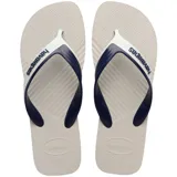 Sandalias tipo chancleta Havaianas Dual, color gris con tiras anchas bicolores en blanco y azul marino con el logo de la marca.