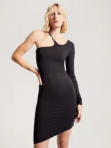 Vestido corto negro ajustado con hombro asimétrico, una manga larga y tirante con logo Tommy Jeans.