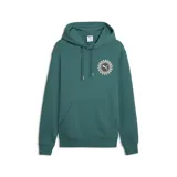 Buzo con capucha Puma, color verde esmeralda, con bolsillo frontal tipo canguro y estampa circular con diseño de sol y logo de la marca en el pecho.