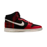 Zapatillas Nike Dunk High Retro SE, con diseño a cuadros tartán en negro, rojo y verde, detalles en cuero rojo y logo Nike en blanco.
