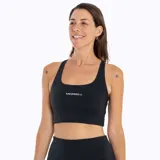 Top deportivo Merrell Savannah Bra de color negro, con diseño sin mangas y escote redondo. Cuenta con el logotipo de la marca impreso en el frente.